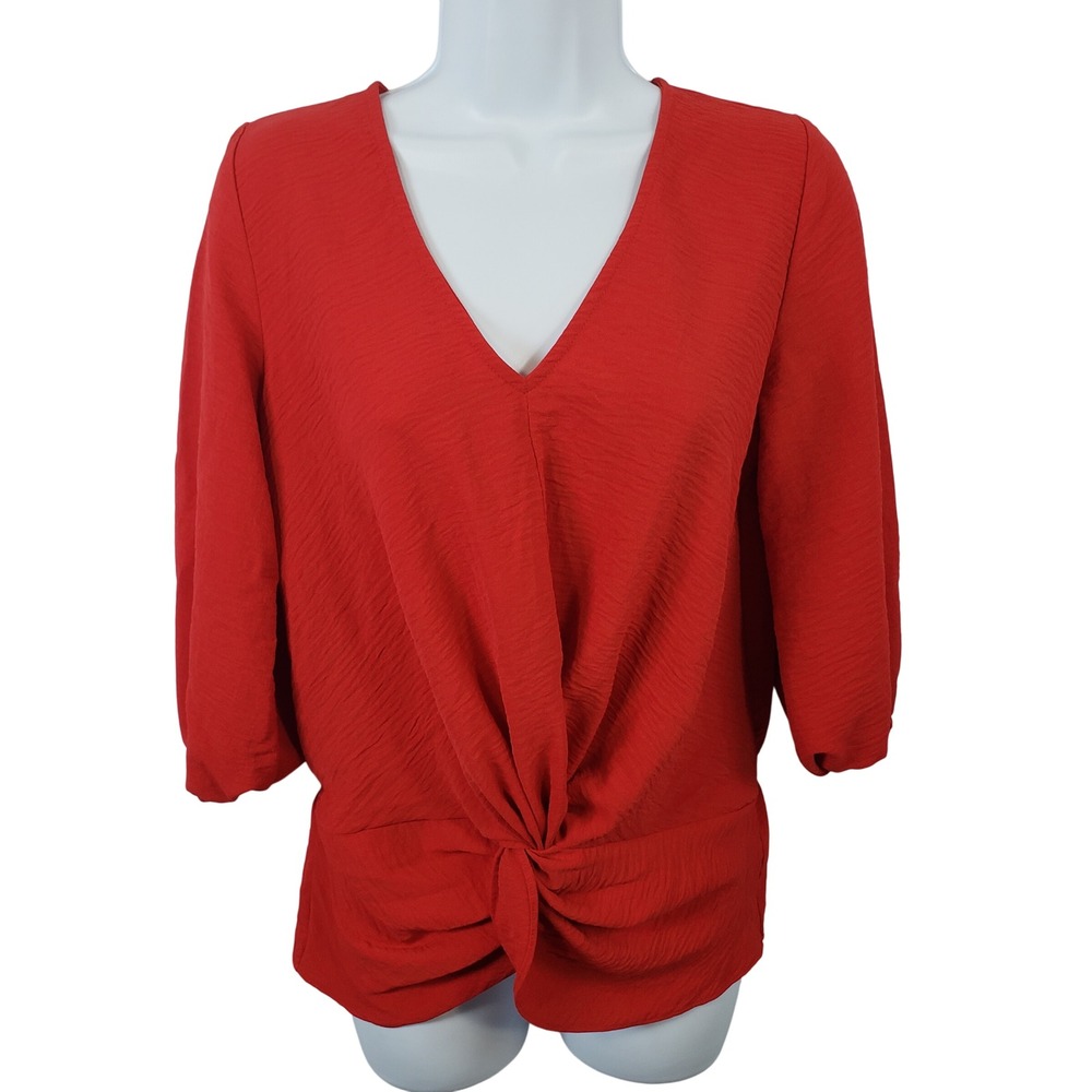Love Maven Women's Red 3/4 Sleeve V Neck Knot Front Blouse Top - Small S /A94